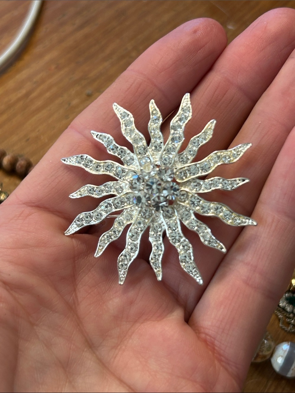 Vintage Rhinestone Sunburst Brooch Gold Tone